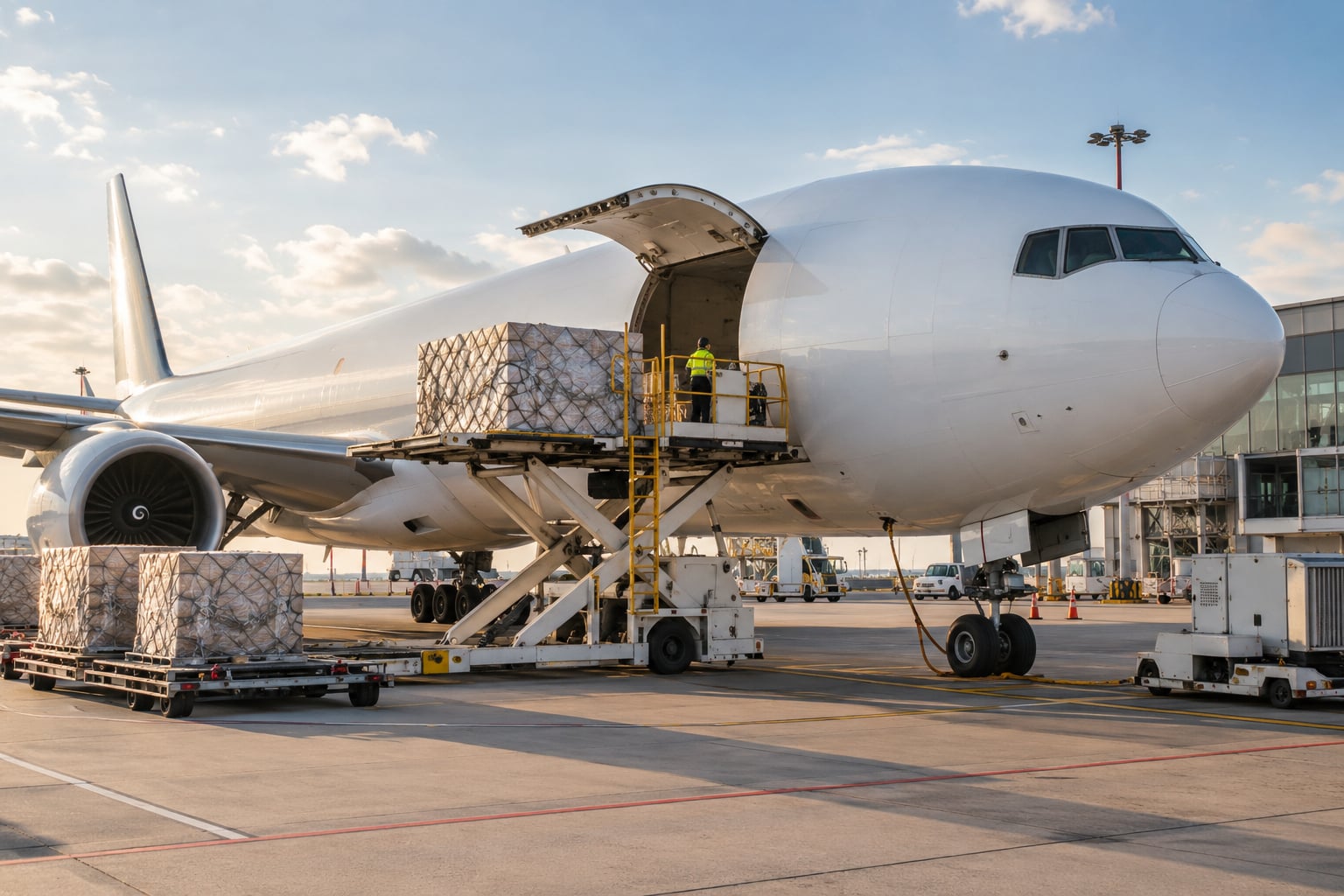 Avión de carga y paquetes preparados en una terminal logística
